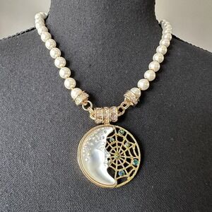 Kirks Folly Necklace Gold Tone Moon Face Pendant Faux Pearl Celestial Beaded